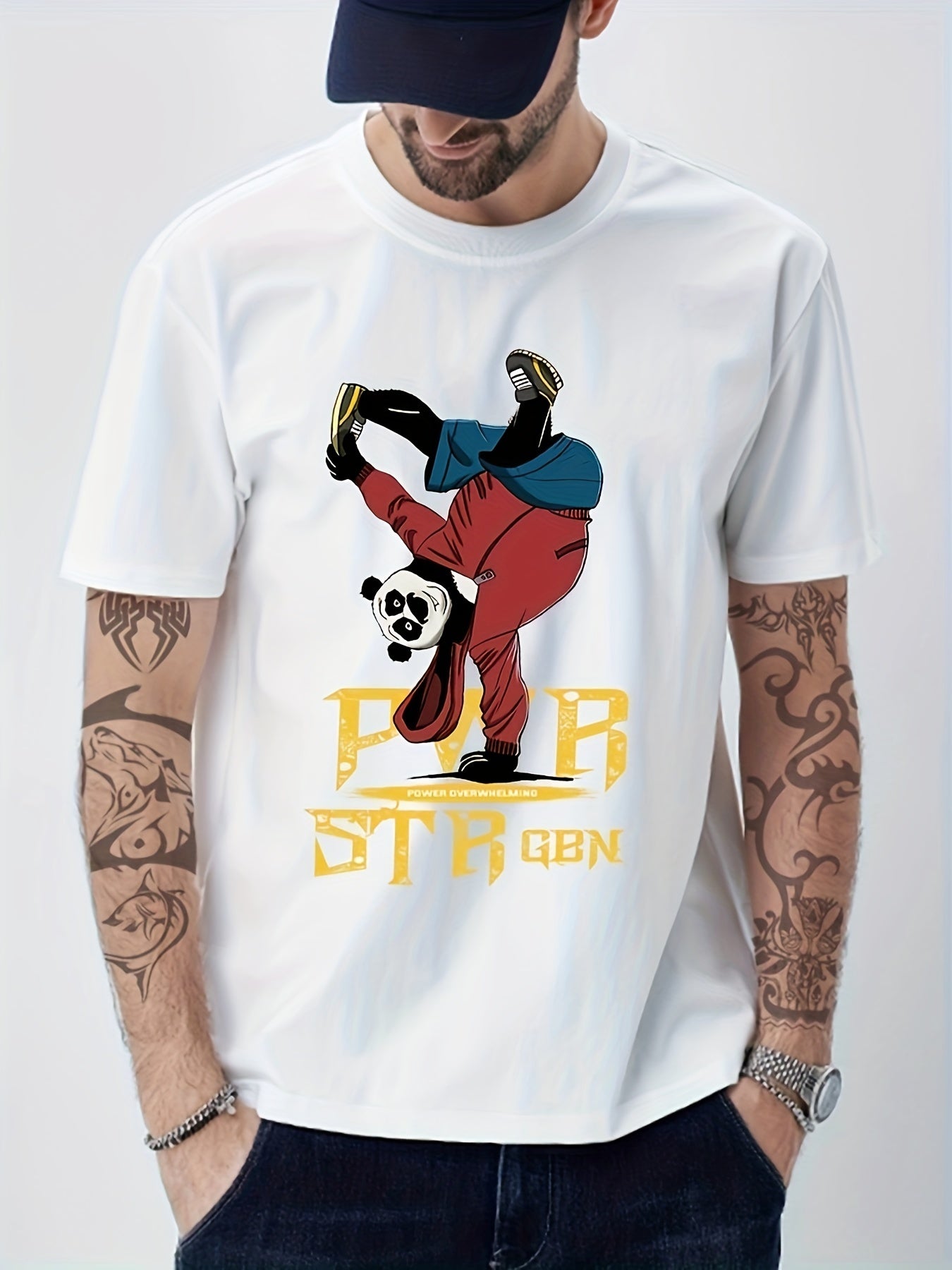 Cotton Anime Panda Print Men's Graphic Crew Neck T shirt Casual Comfy Tee