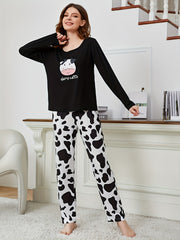 Cow Print Pajama Set Long Sleeve Crew Neck Top & Pants Women's Sleepwear