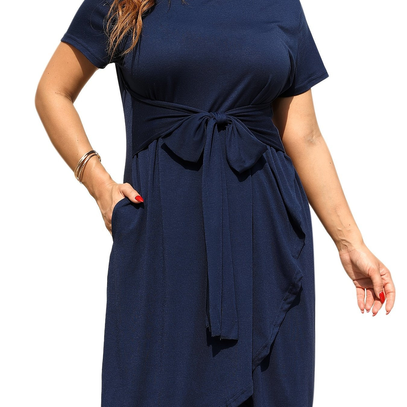 Short Sleeve Belted Dress With Pockets