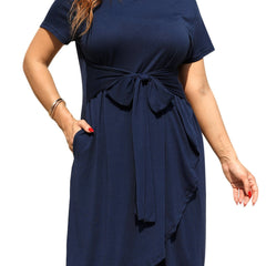 Short Sleeve Belted Dress With Pockets