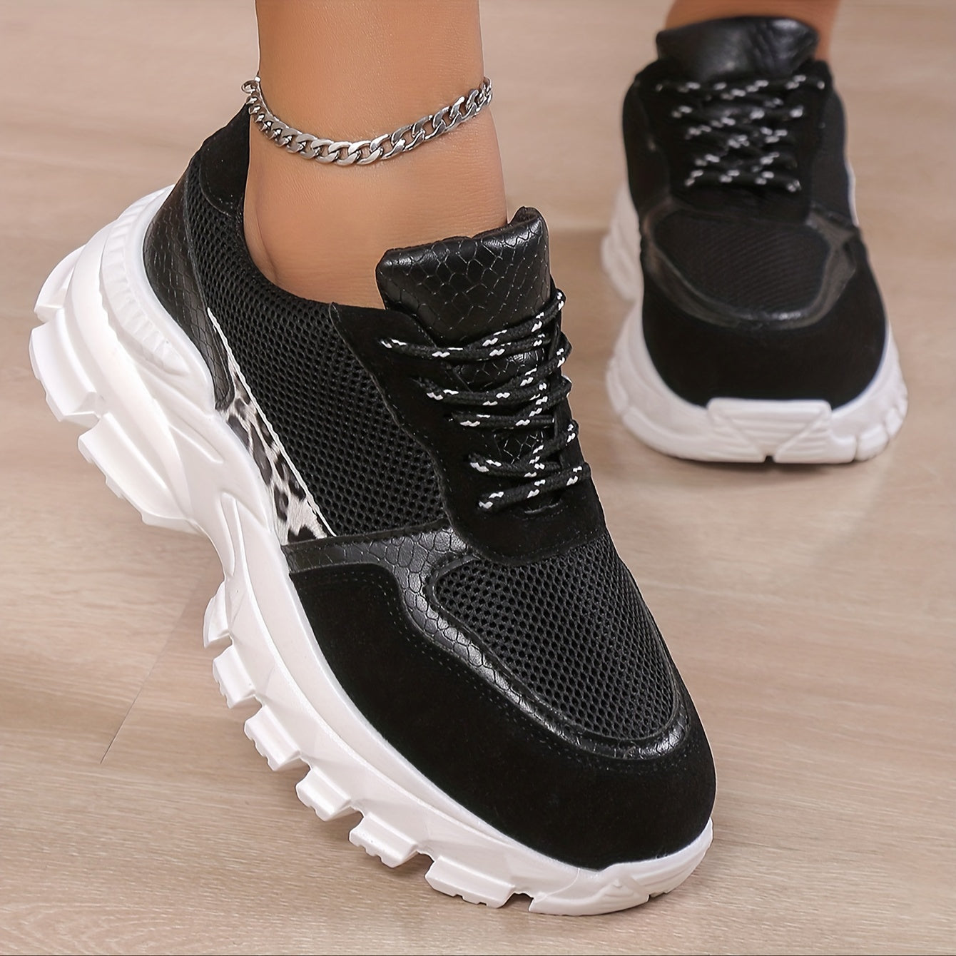 Leopard Mesh Breathable Running Shoes Lightweight Non slip Sneakers