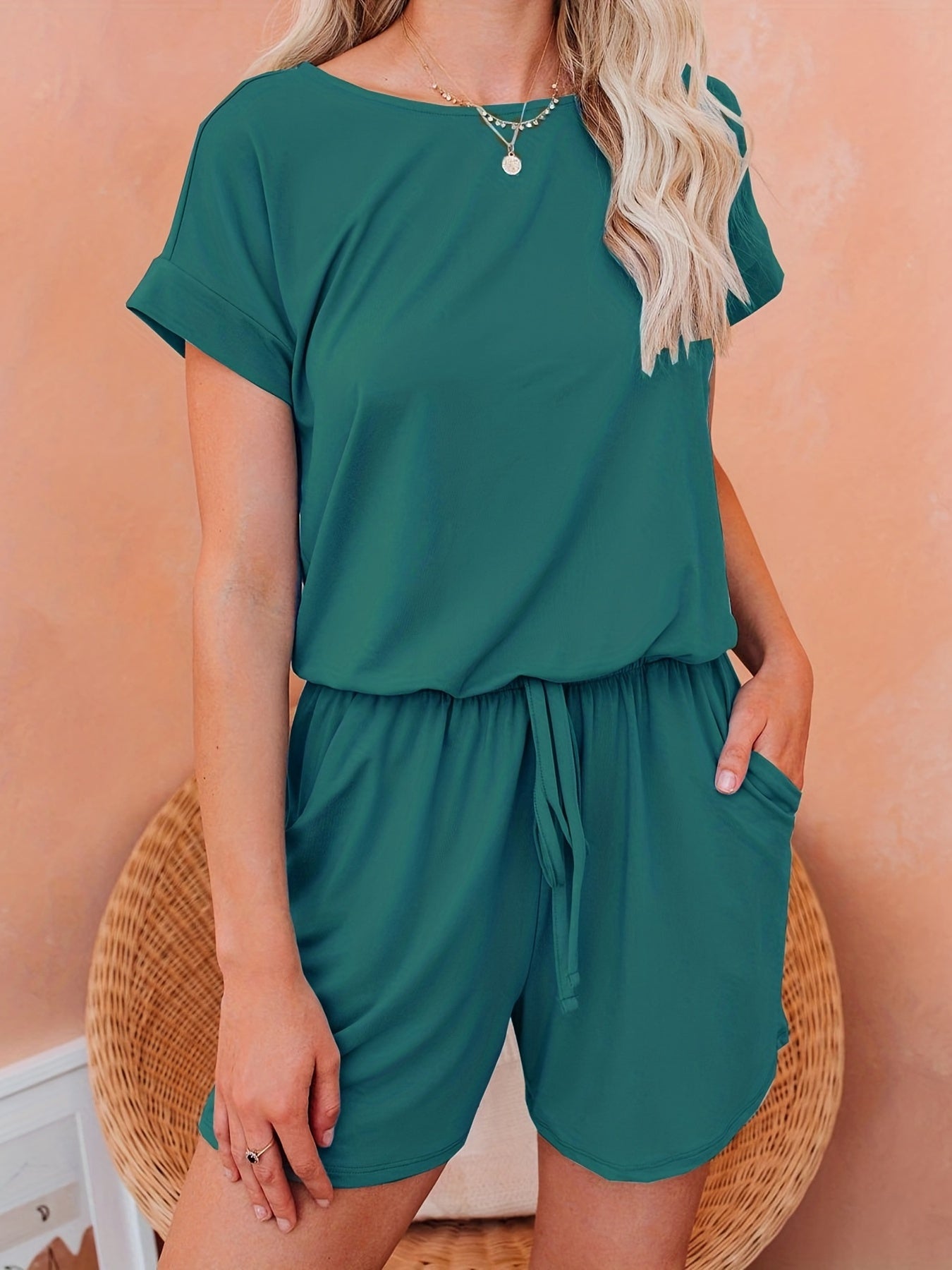 Drawstring Waist Romper Jumpsuit Short Sleeve Casual