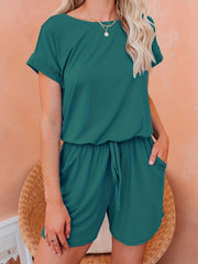 Drawstring Waist Romper Jumpsuit Short Sleeve Casual