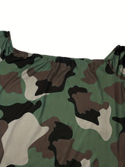 Camo Print Off Shoulder Maxi Dress With Pockets