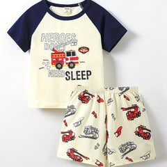 Boys Fire Truck Pajamas Set Short Sleeves Comfortable Cozy Casual Homewear