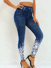 Floral & Denim Print High Rise Plus Leggings