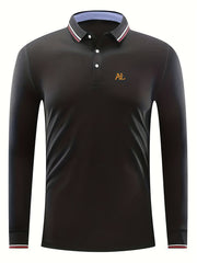 Men's AL Print Long Sleeve Polo Shirt Casual Slightly Stretch