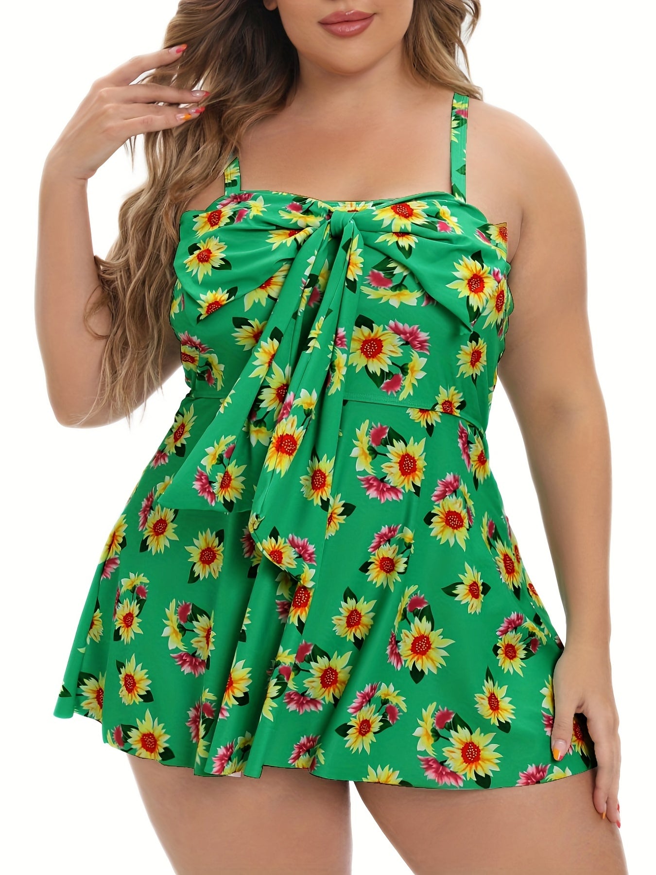 Sunflower Print Bow Knot Tankini Set Women's Two Piece Set