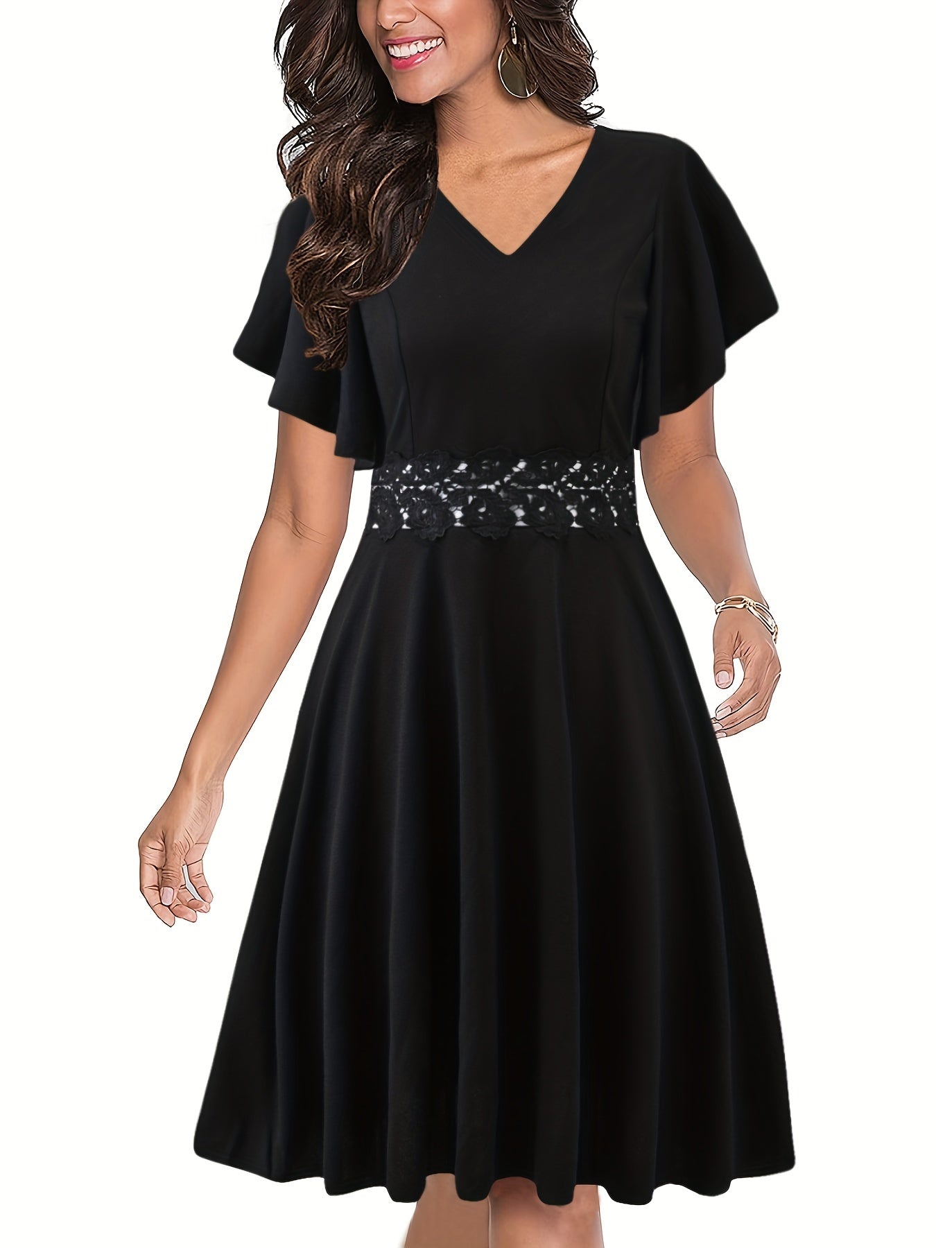 Lace Solid Dress Ruffle Sleeve V Neck Dress Women's Clothing