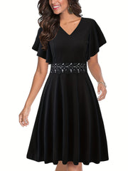 Lace Solid Dress Ruffle Sleeve V Neck Dress Women's Clothing