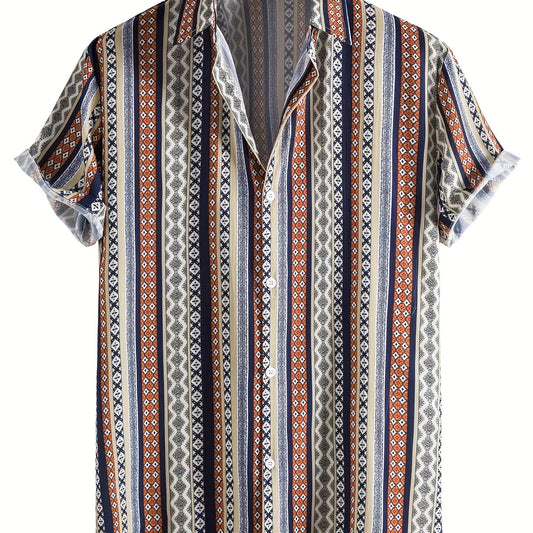 Ethnic Style Stripe Print Men's Casual Short Sleeve Shirt