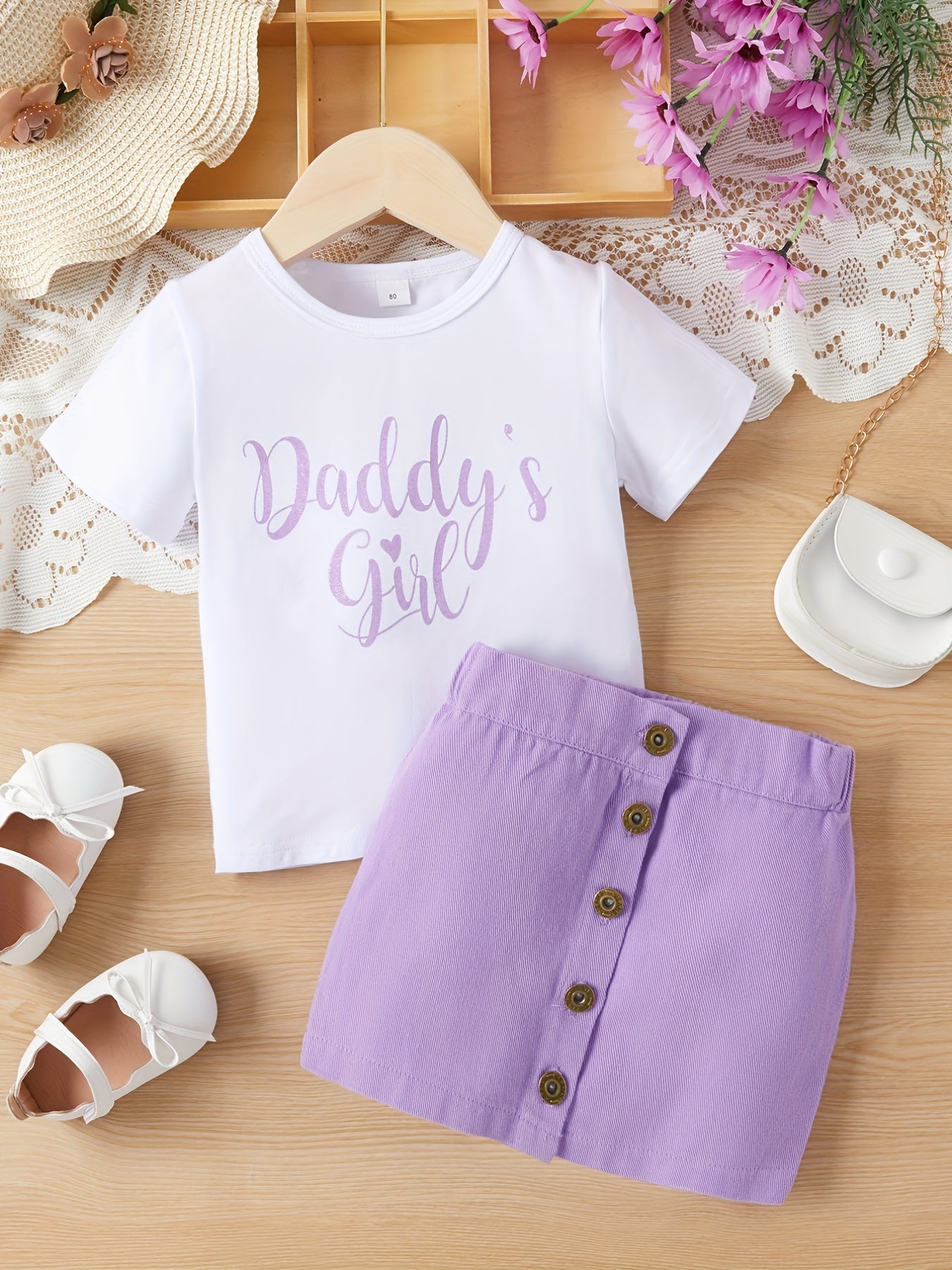 Toddler Baby Girls T Shirt Letter Print Round Neck Short Sleejsonves & Skirt Set