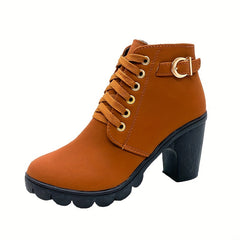 Women's Chunky Heeled Short Boots Lace Up Solid Ankle Boots