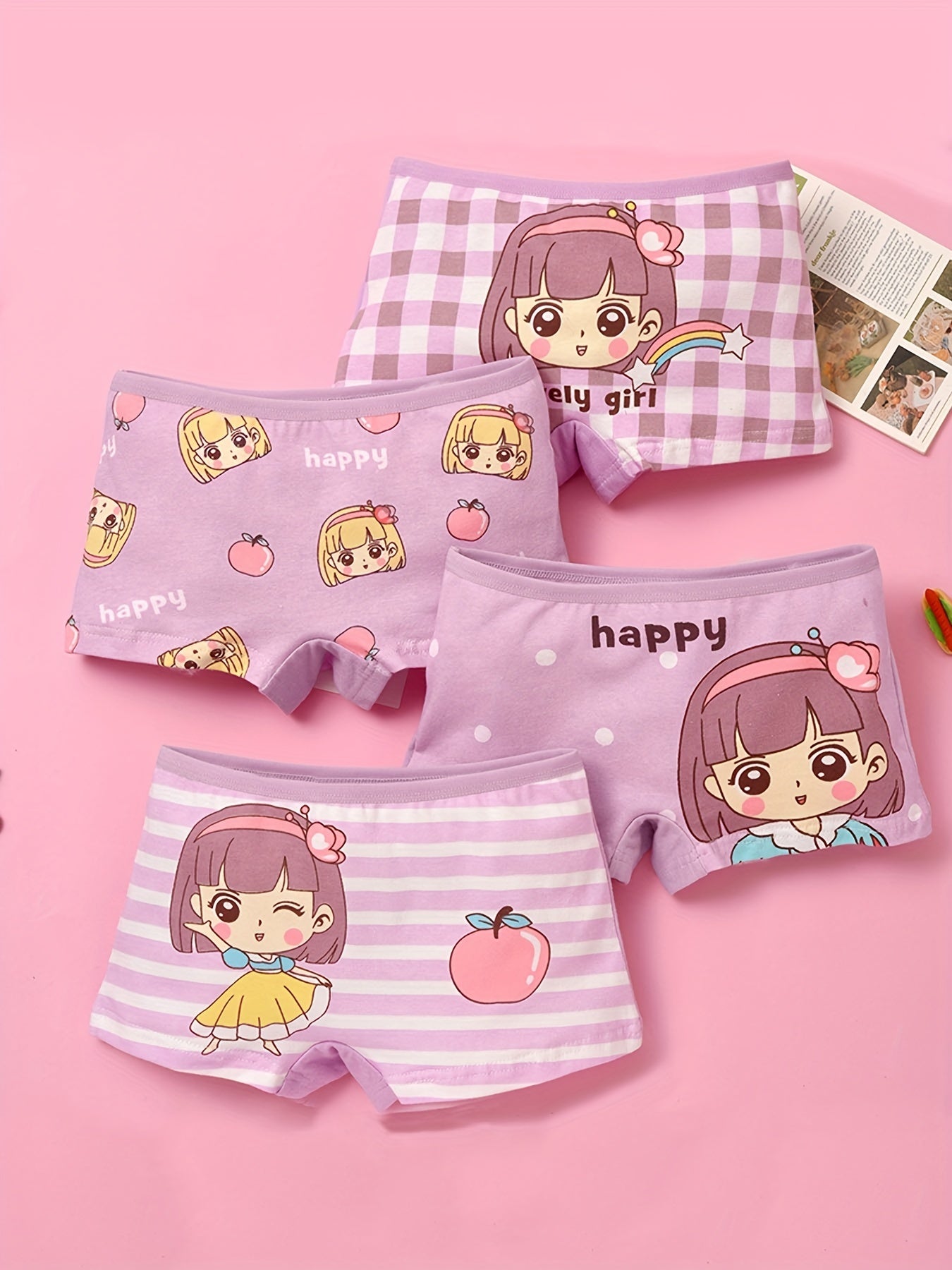 4pcs Cartoon Girl Print Boxer Briefs for Kids