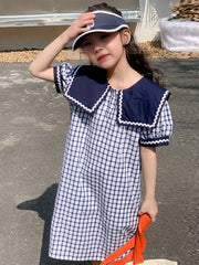 Girl's Plaid Princess Dress Puff Sleeve Button Up Summer Clothing