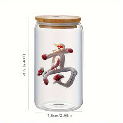 Chinese Character Pattern Glass Coffee Cup with Lid 500ml