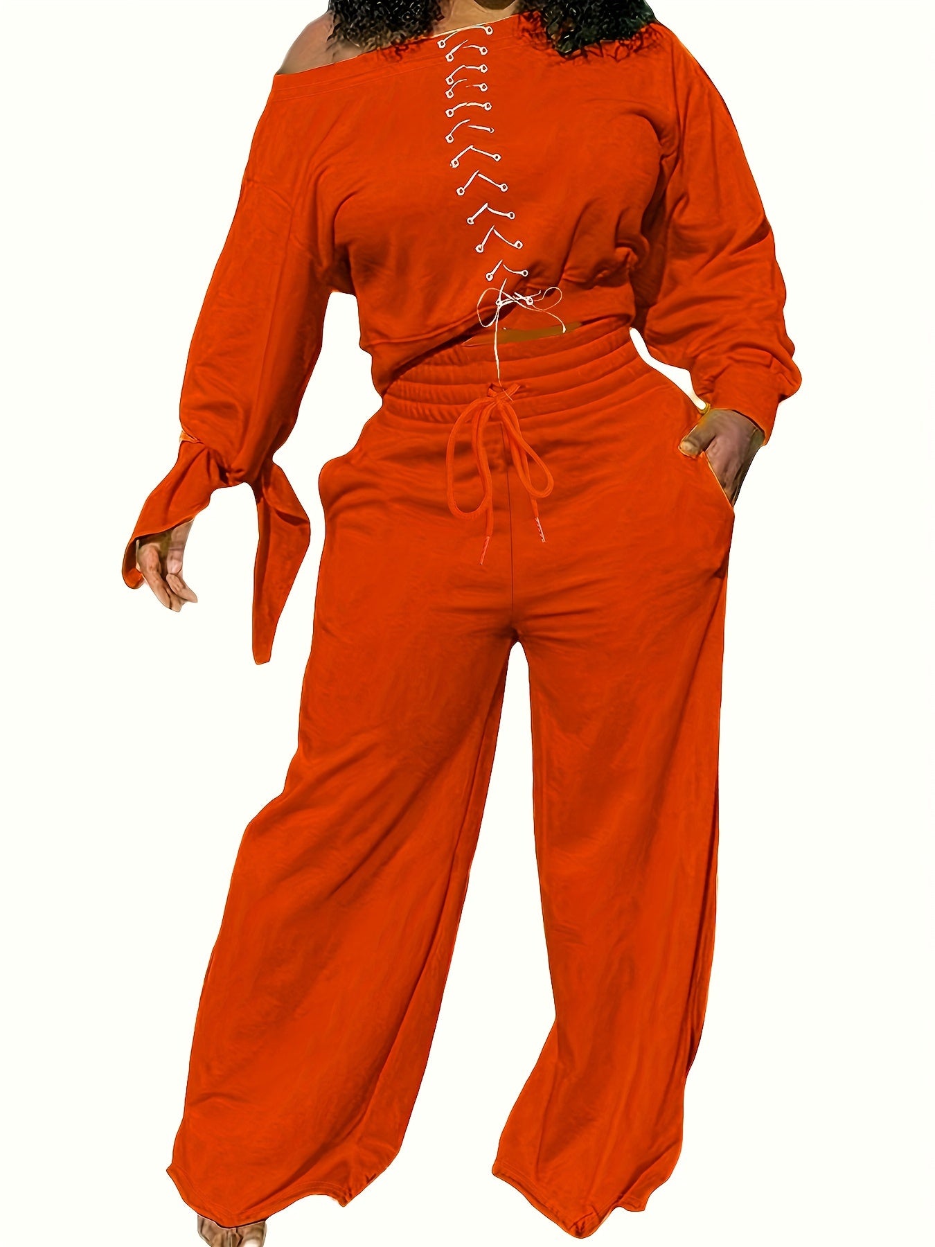 Solid Knot One Shoulder Top & Wide Leg Pants Outfit