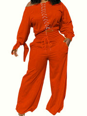 Solid Knot One Shoulder Top & Wide Leg Pants Outfit