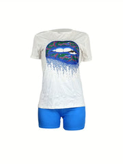 Lip Print T shirt & Solid Shorts Set Women's Outfit