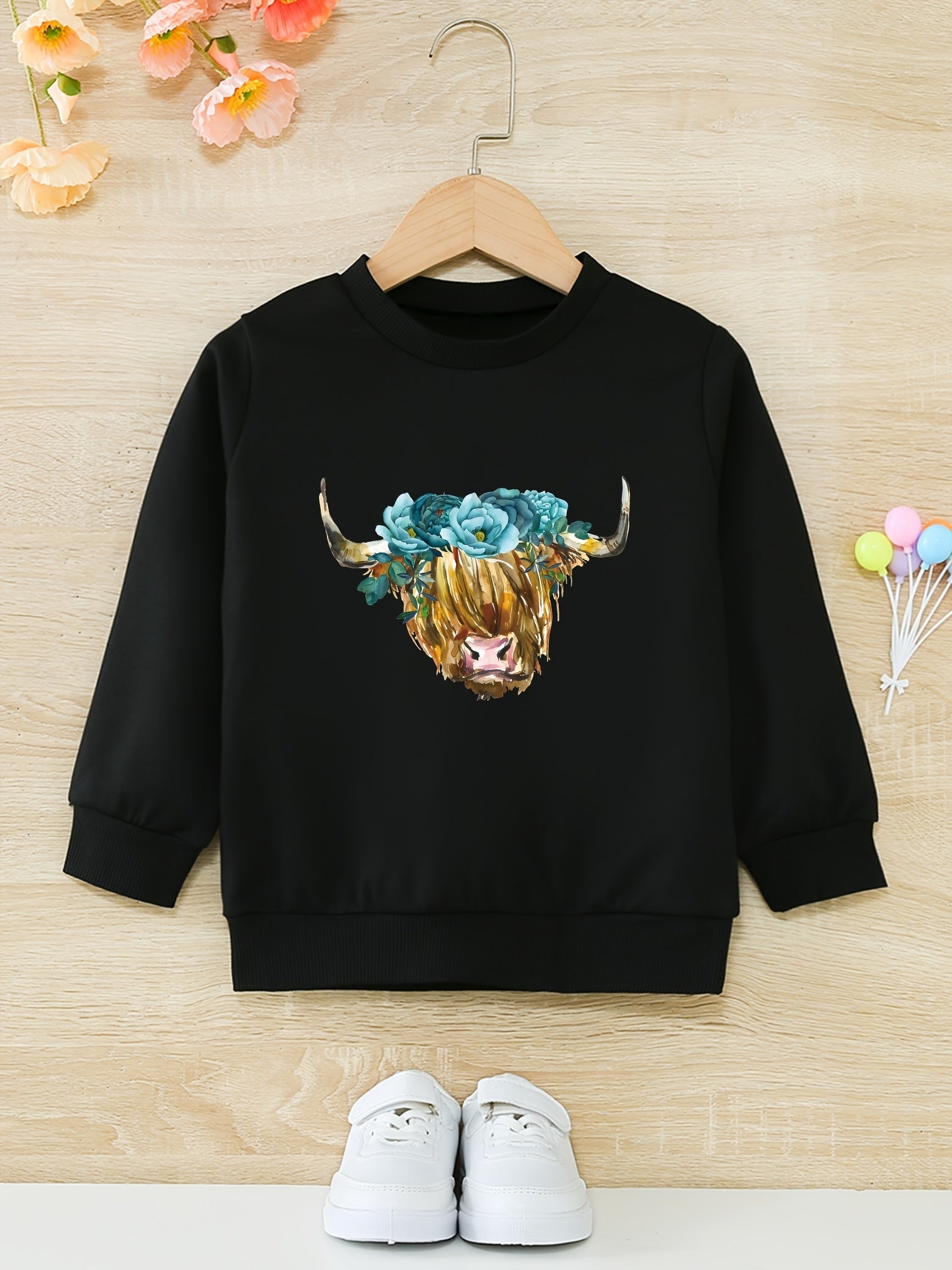 Floral Cow Graphic Girls Round Neck Sweatshirt