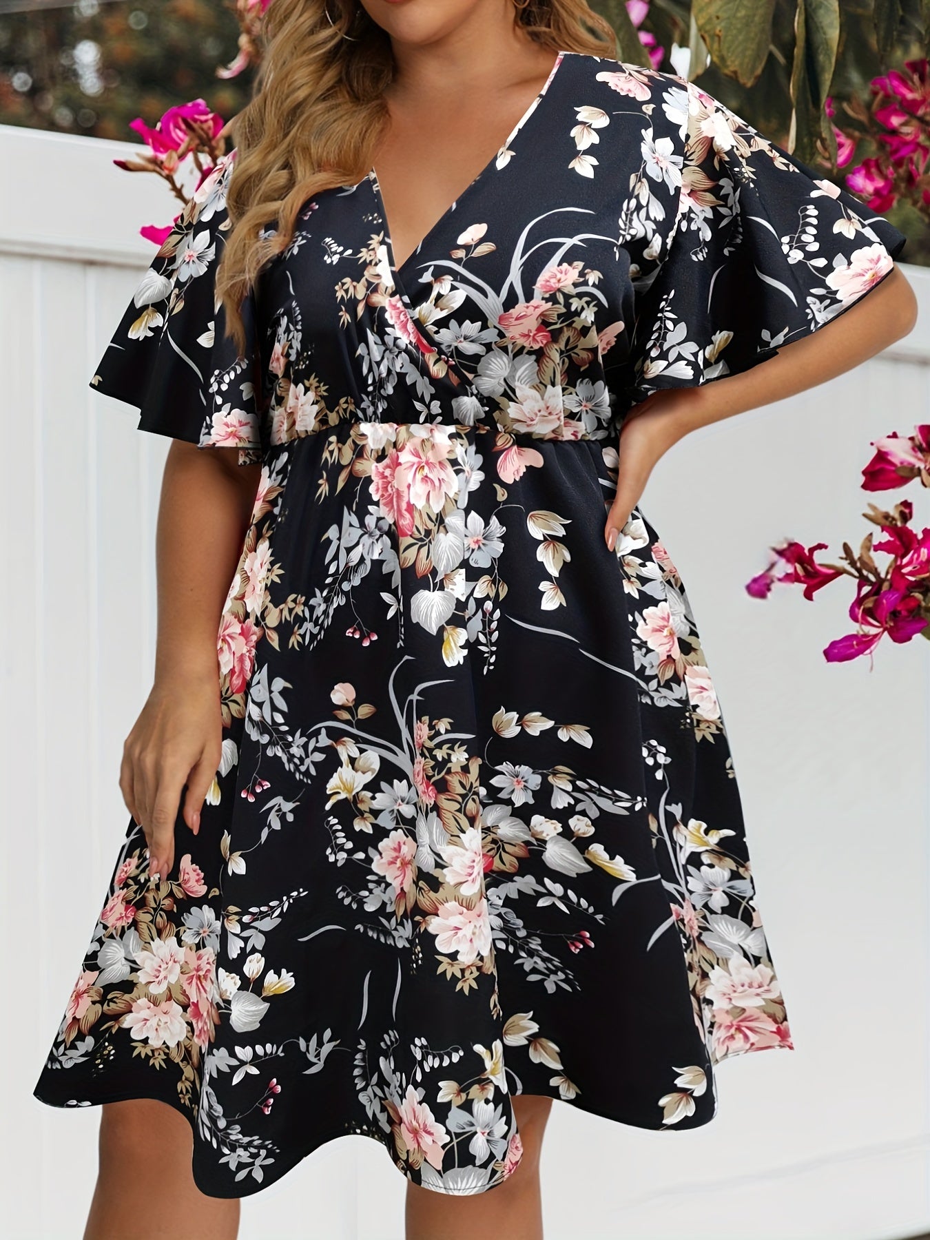 Women's Floral Print Flutter Sleeve Dress