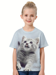 Casual Kitty Graphic Crew Neck T-Shirt Girls Summer Pullover Top