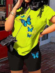 Butterfly Print Two Piece Outfit Short Sleeve Crew Neck T Shirt & Shorts Set