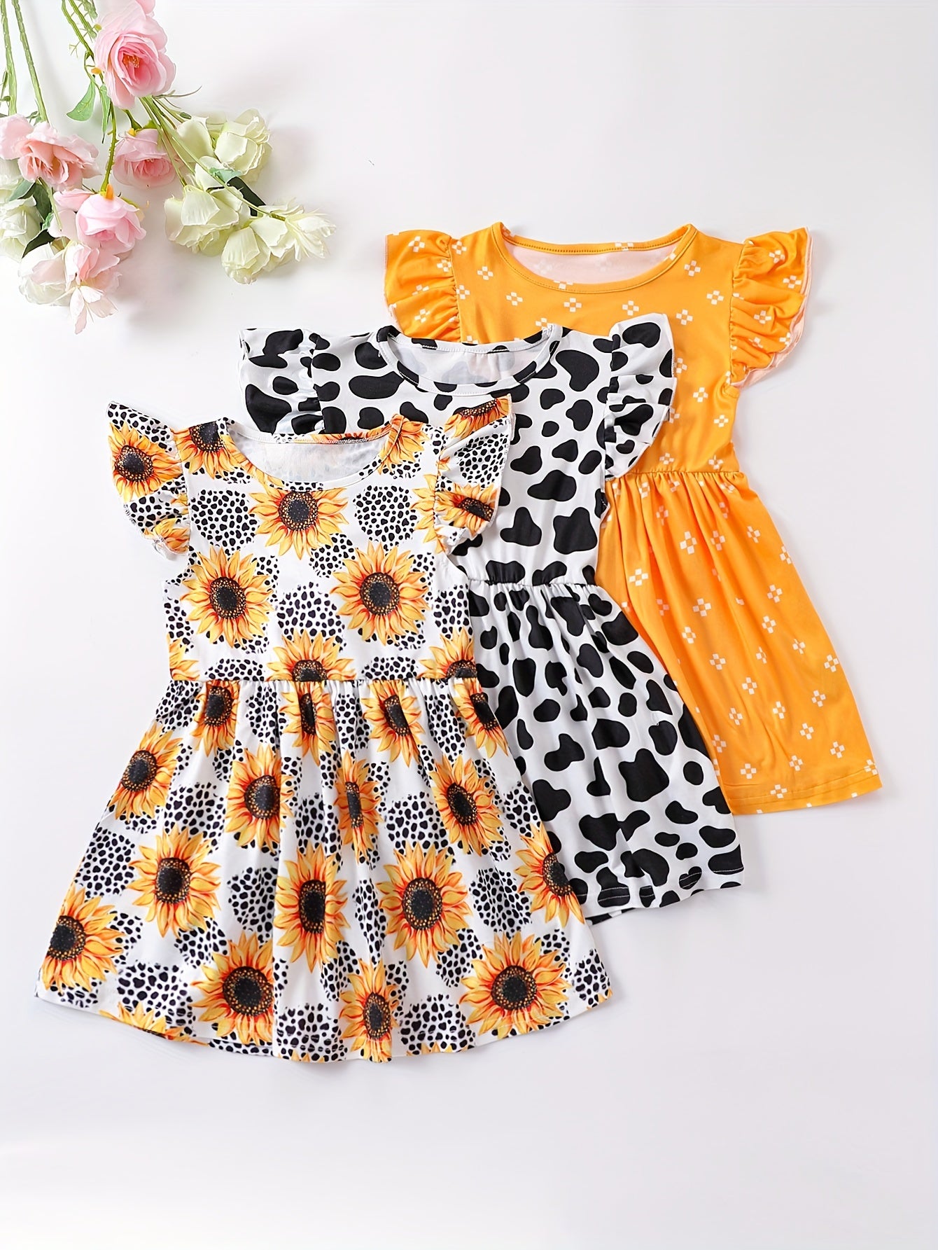 Girls Striped Sunflower Cartoon Print Flying Sleeve Dress