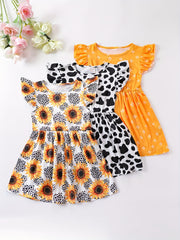 Girls Striped Sunflower Cartoon Print Flying Sleeve Dress