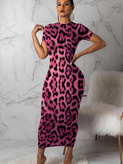 Leopard Print Short Sleeve Round Neck Skinny Dress