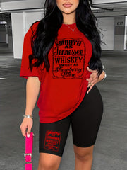 Casual Letter Print 2 Pc Set Crew Neck Tee & Shorts Outfit Women's Clothing