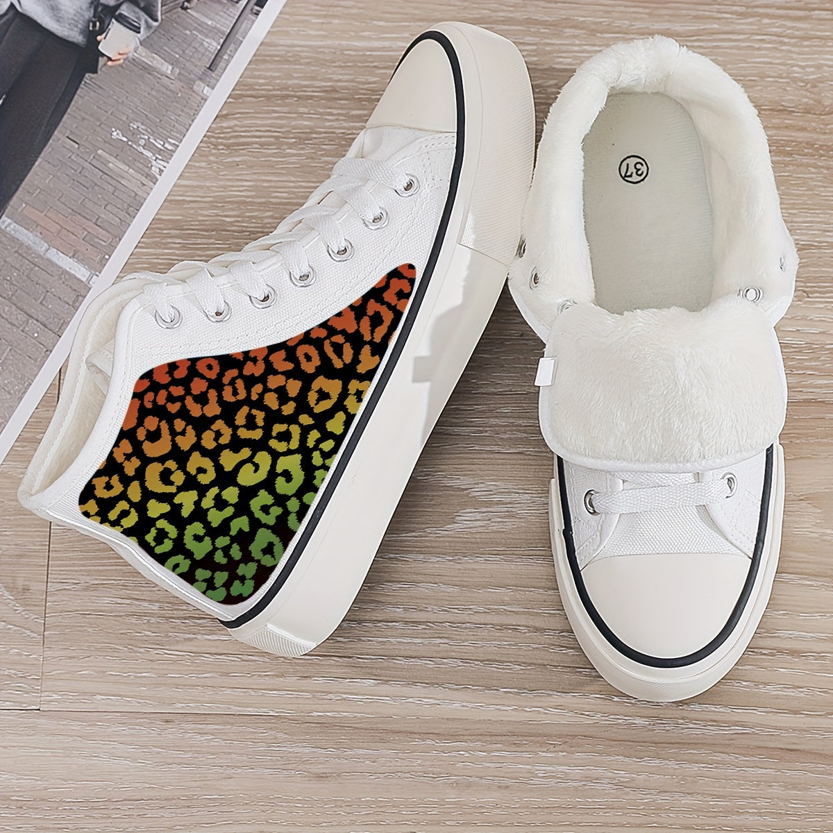 Leopard Print Plush Lined Chunky Canvas Sneakers