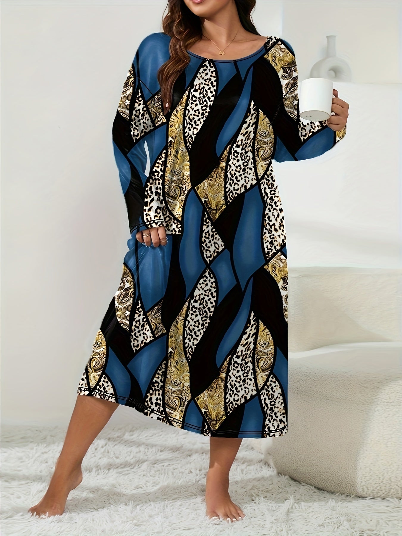 Retro Loungewear Dress Women's Plus Leopard & Paisley Print