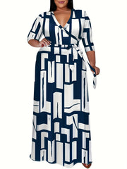 Plus Size Casual Geometric Print Maxi Dress with Belt