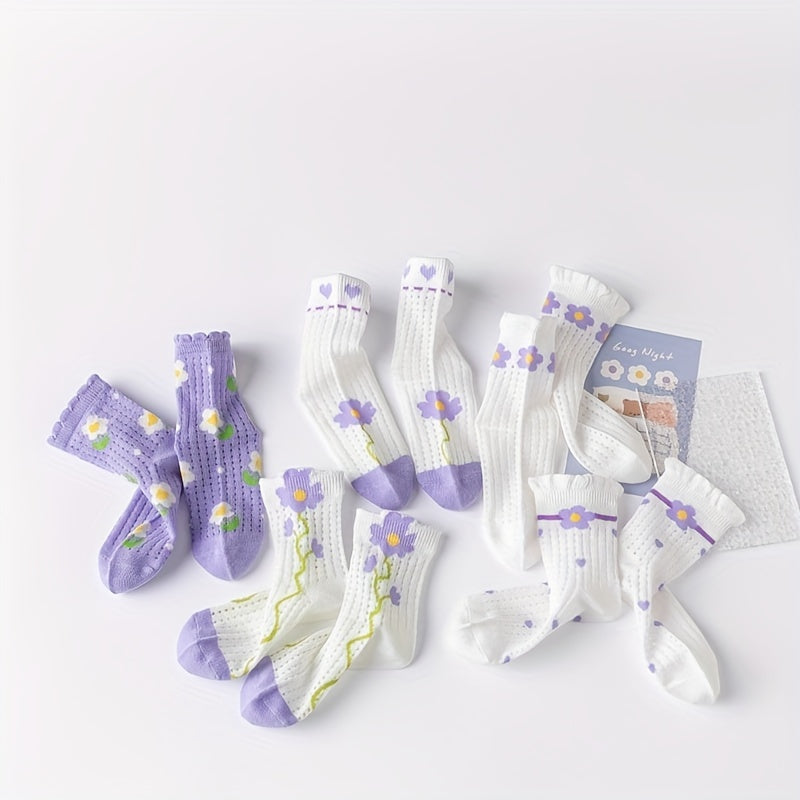 5 Pairs Girls Kids Lace Socks Flower Pattern Cotton Crew Socks 1-11 Years