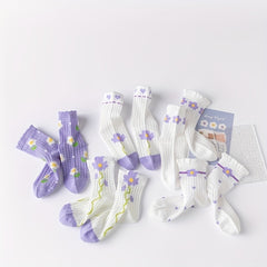 5 Pairs Girls Kids Lace Socks Flower Pattern Cotton Crew Socks 1-11 Years