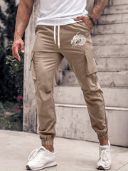 Dragon Pattern Cargo Pants Men's Straight Leg Casual Outdoor Trousers