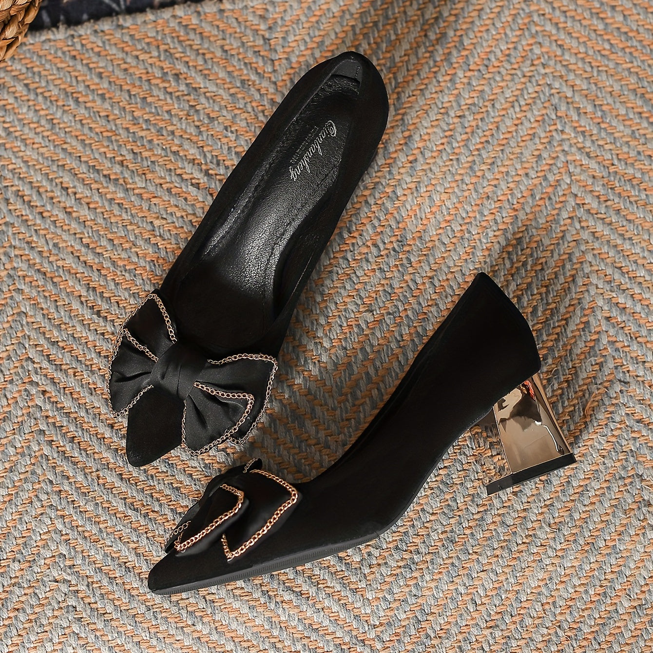 Women's Bowknot Pumps Pointed Toe Slip On Chunky Mid Heels Shoes