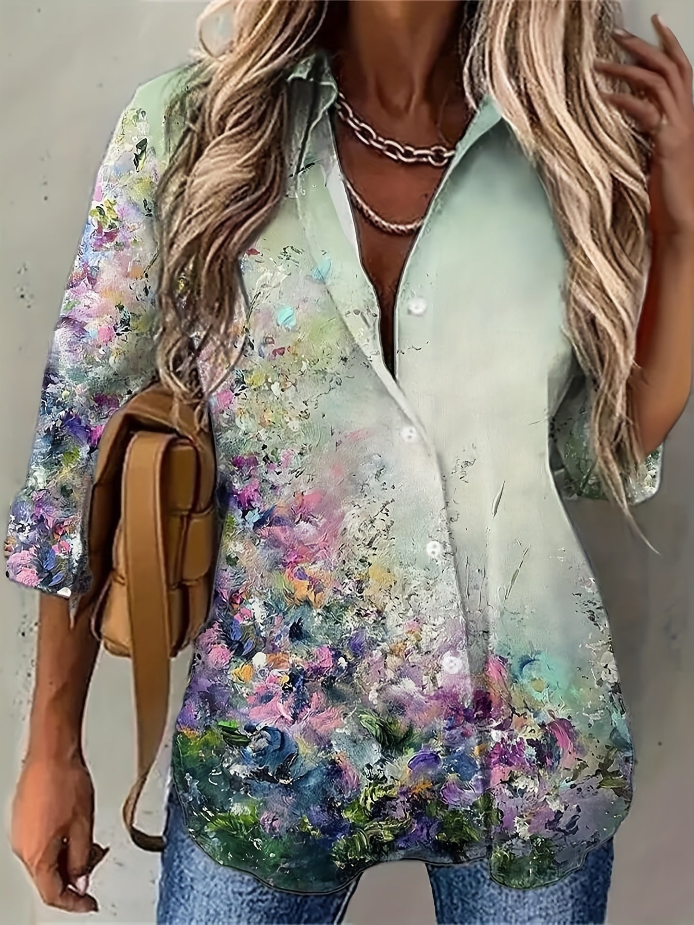 Women's Plus Floral Print Button Up Blouse