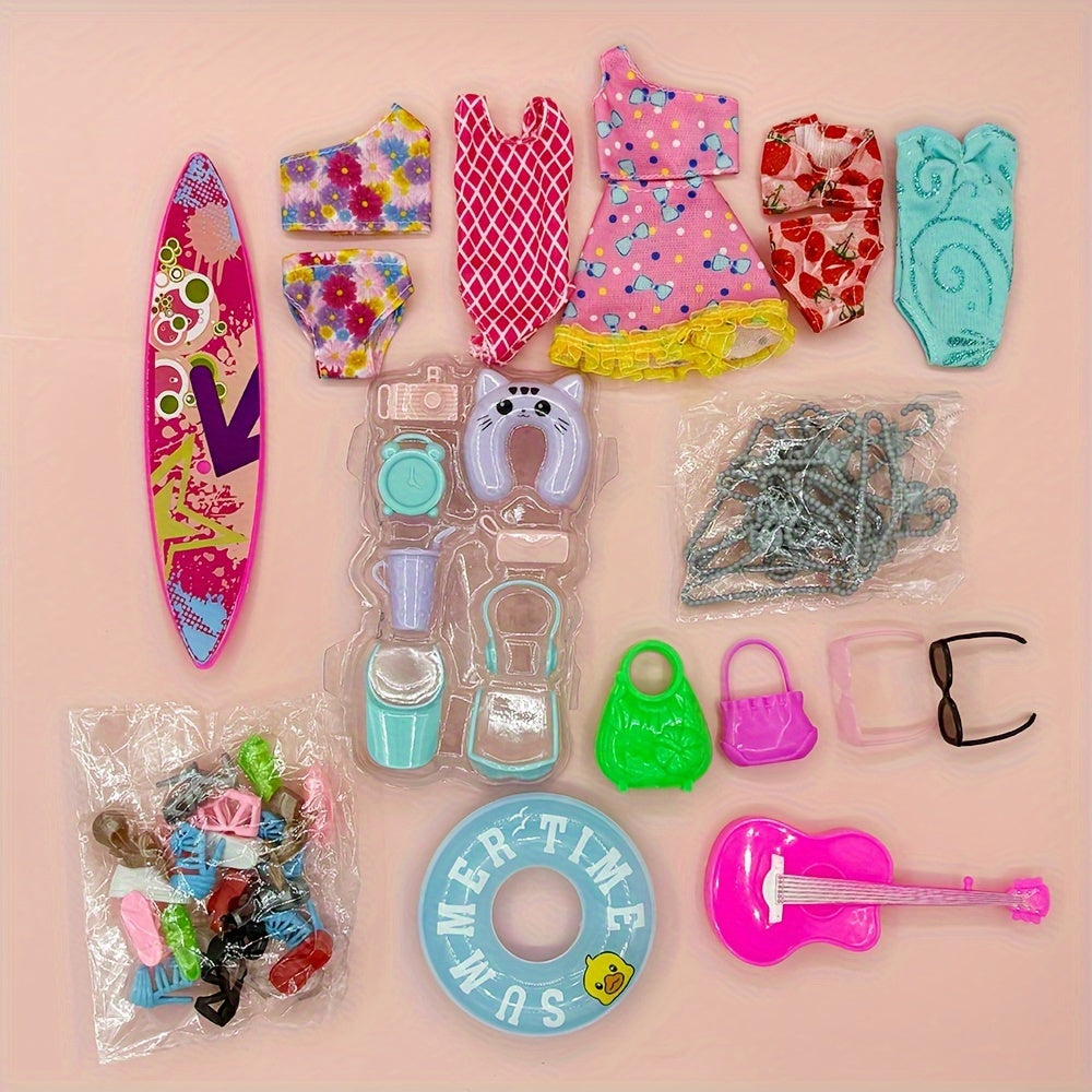 40pc Doll Clothing & Accessories Playset with Shoes, Handbags, Surfboard, Guitar