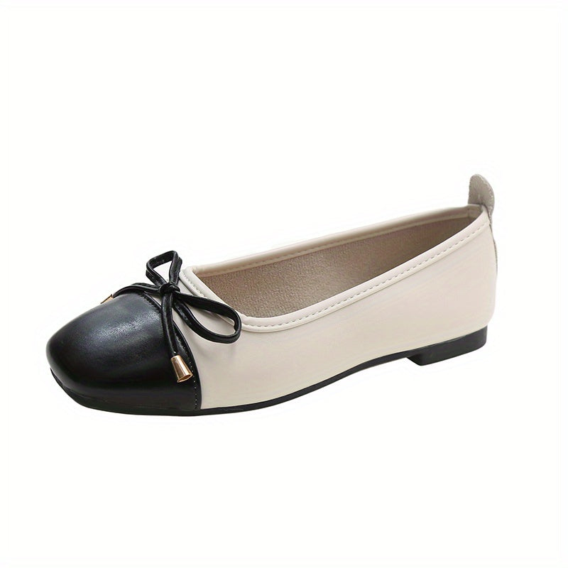 Colorblock Bow Ballet Flats Square Toe Slip On Shoes