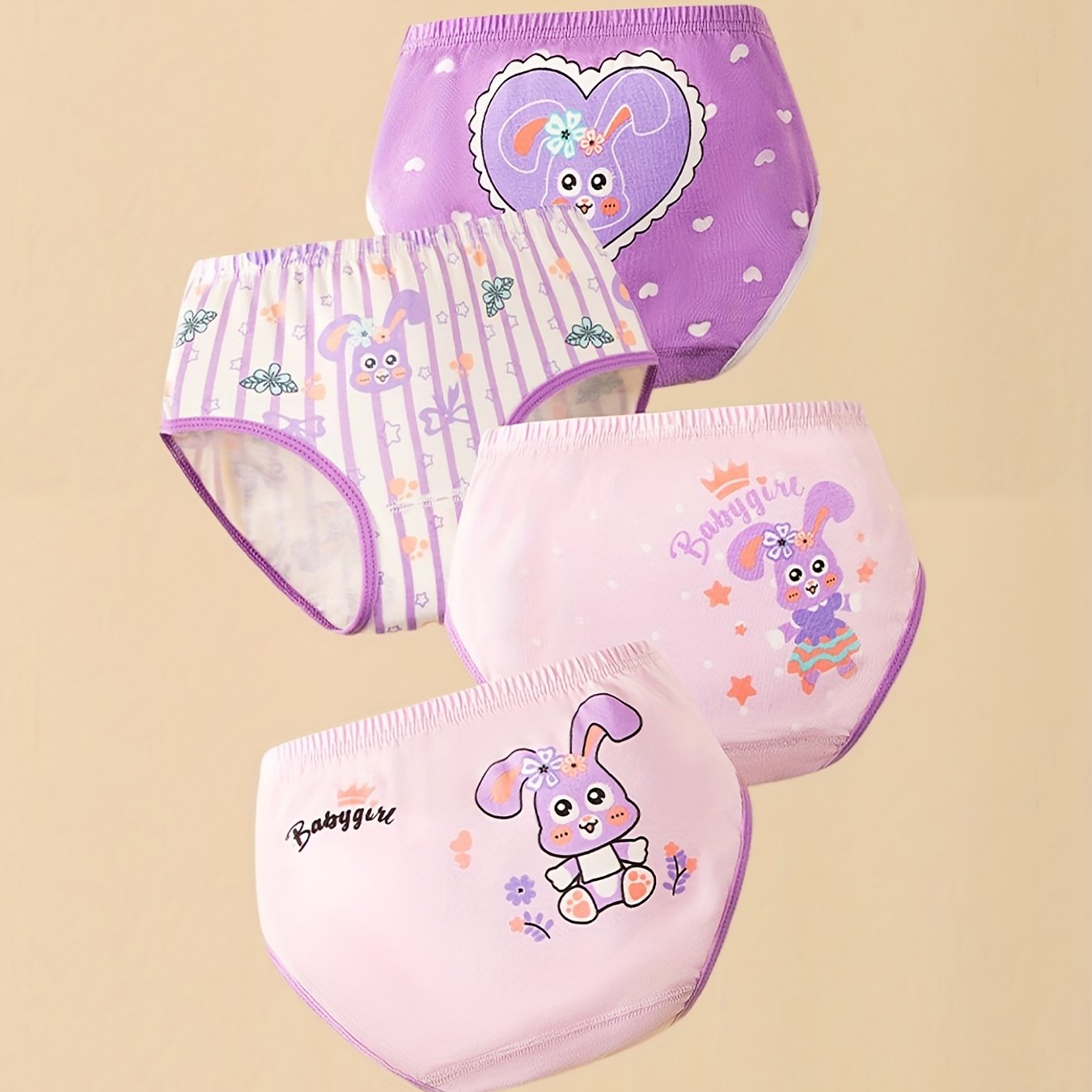 4pcs Girl's Cartoon Triangle Panties Elastic Waist Cotton Underwear