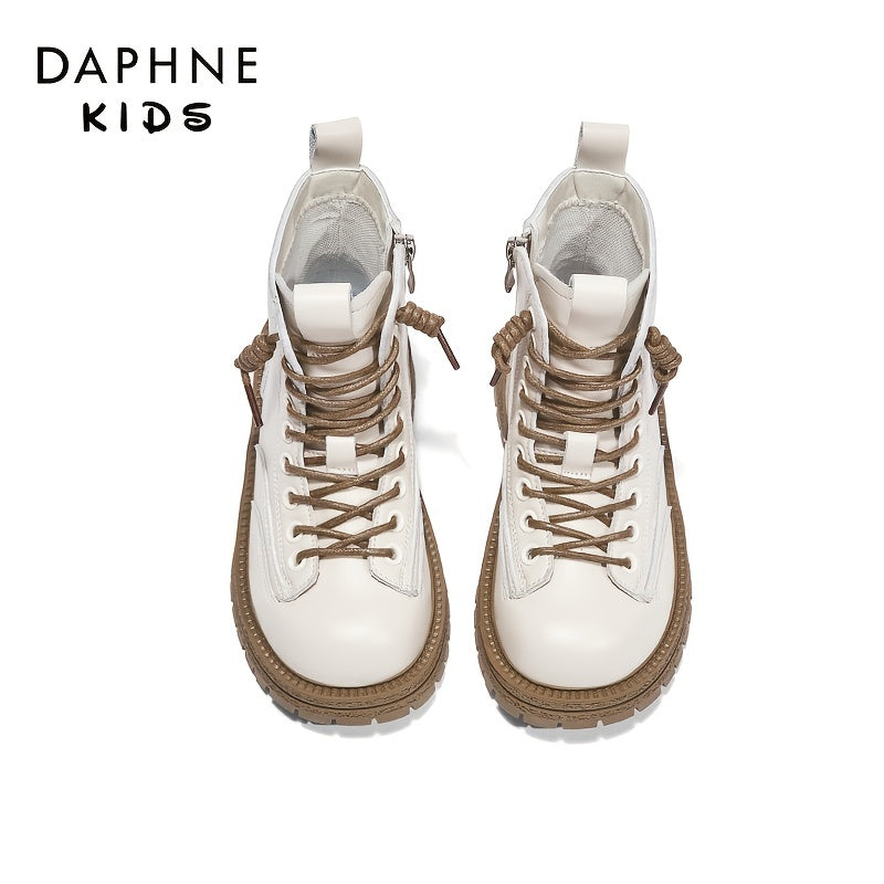 DAPHNE Girls Winter Fleece Boots Lace Up Leather Ankle Boots