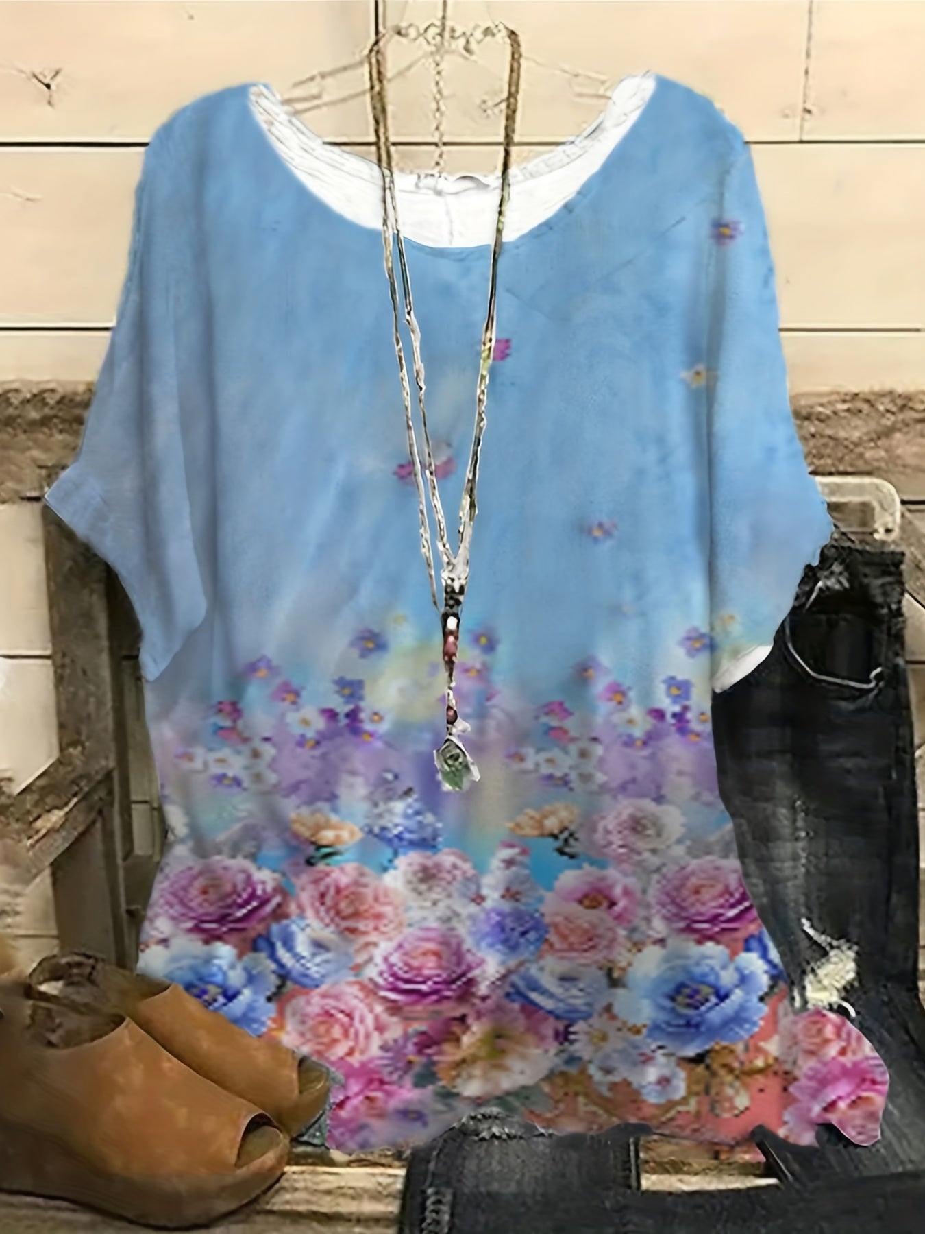 Casual Blouse Women's Plus Floral Print Short Sleeve Round Neck Split