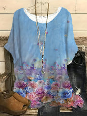 Casual Blouse Women's Plus Floral Print Short Sleeve Round Neck Split