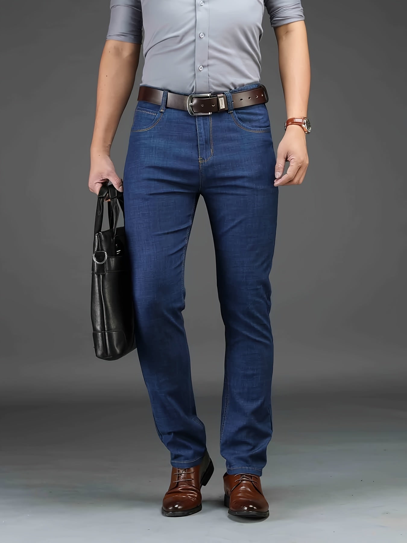 Business Casual Mens Straight Leg Stretch Denim Jeans with Pockets