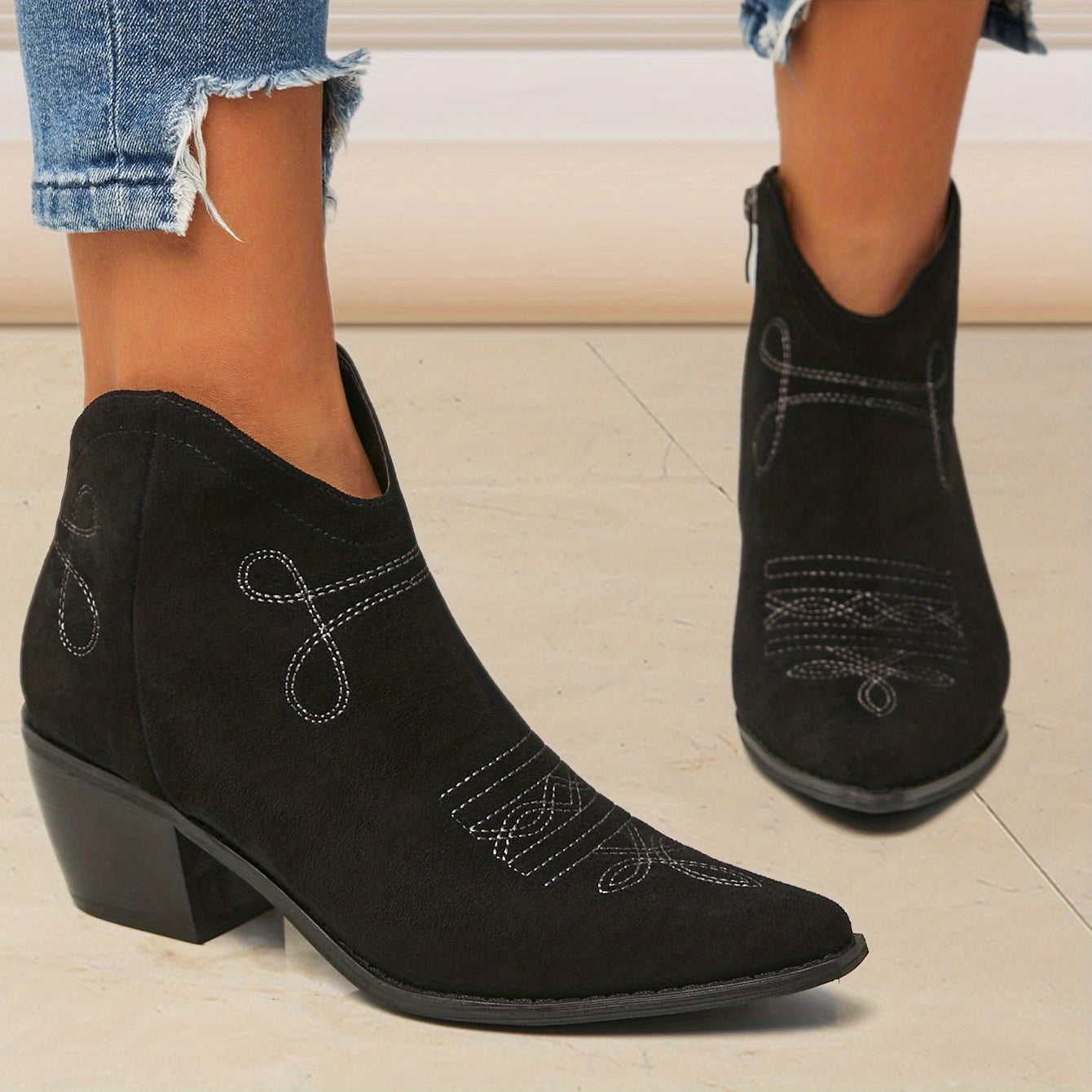Women's Embroidered Heeled Ankle Boots Pointed Toe