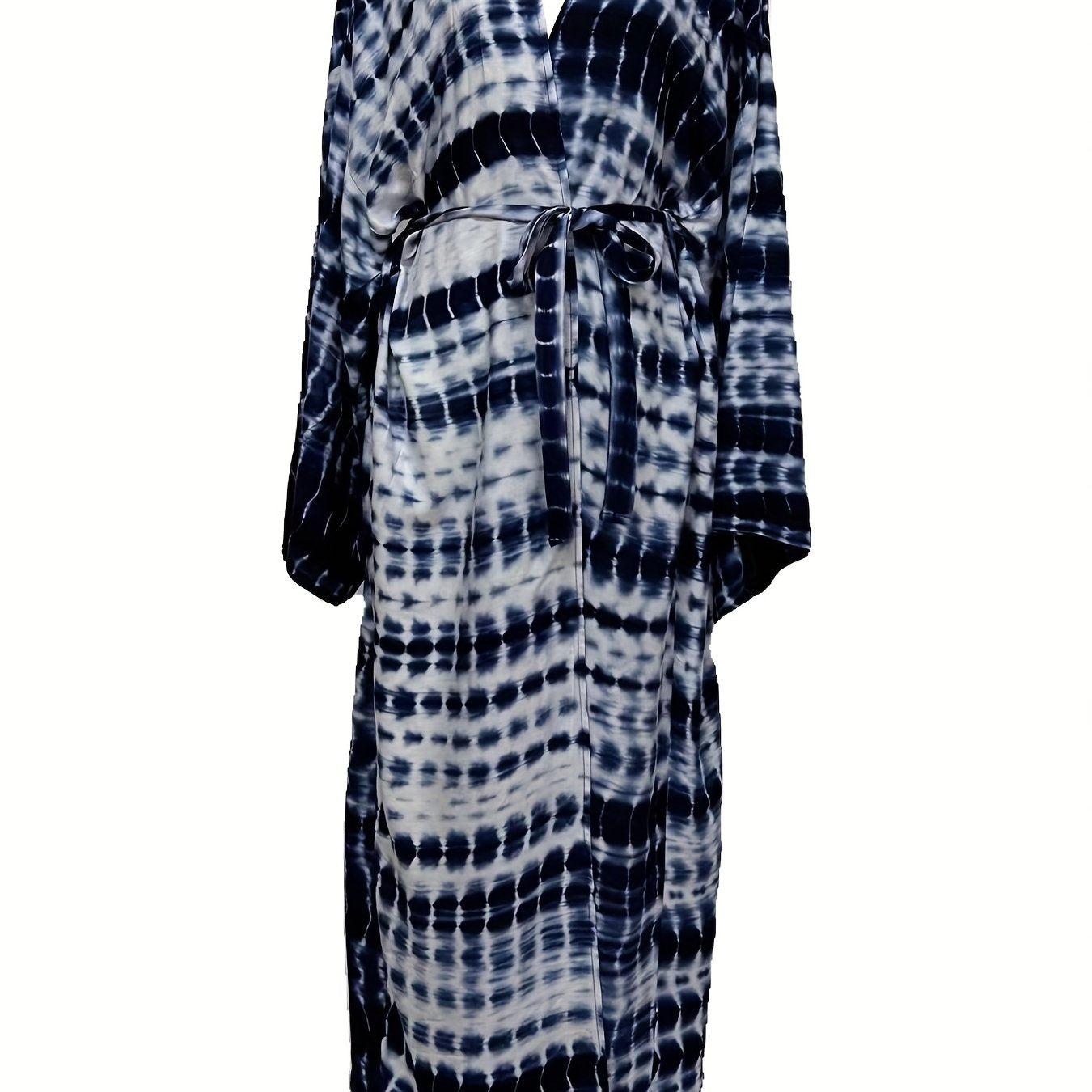 Tie Belt Long Sleeve Kaftan Cover Up Loose Fit V Neck Robe Dress