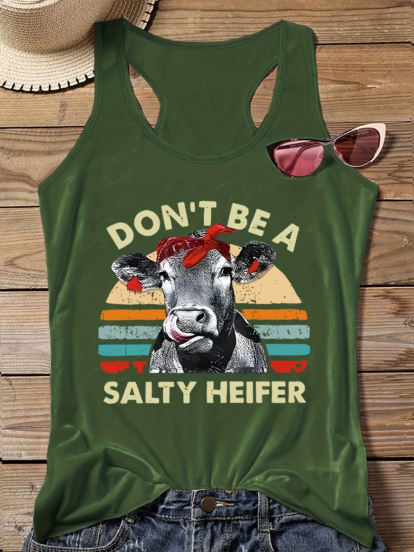 Cartoon Cow & Slogan Print Round Neck Vest Top