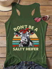Cartoon Cow & Slogan Print Round Neck Vest Top